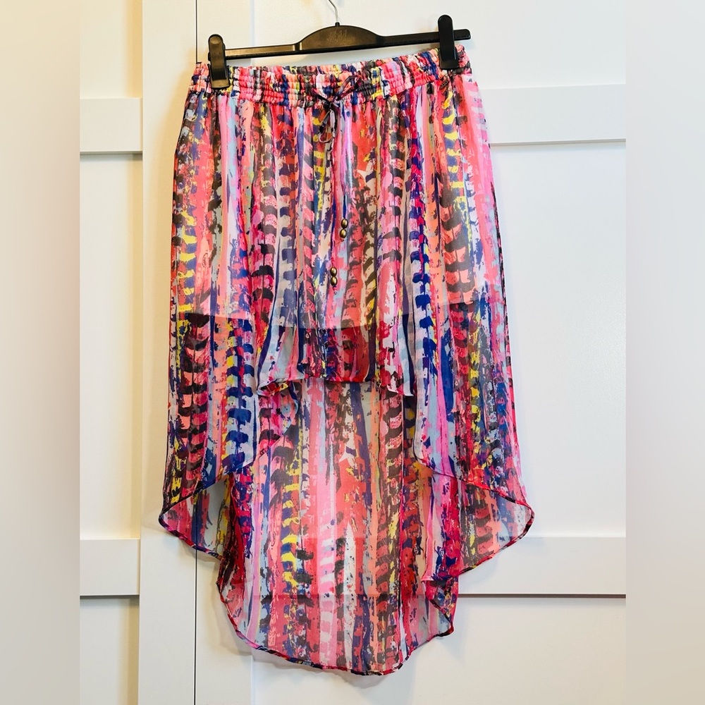 ROXY Skirt Bohemian Chiffon Colourful Hi Low Mini Lined Ruched Waist Sz M